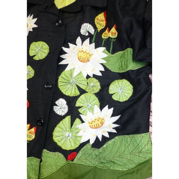 Handcrafted Tunic Nights Black Silk Jacket With Embroidered Lotus Flowers & Gree - Picture 3 of 11
